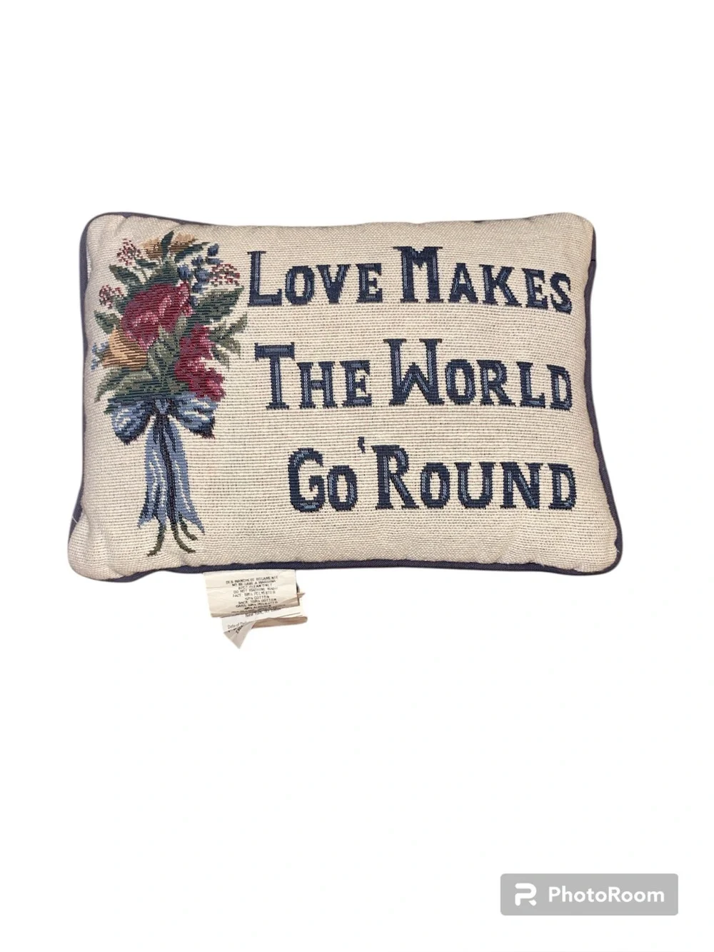 Vintage Tapestry Pillow ~ Love Makes The World Go 'Round ~ 80s Floral Design